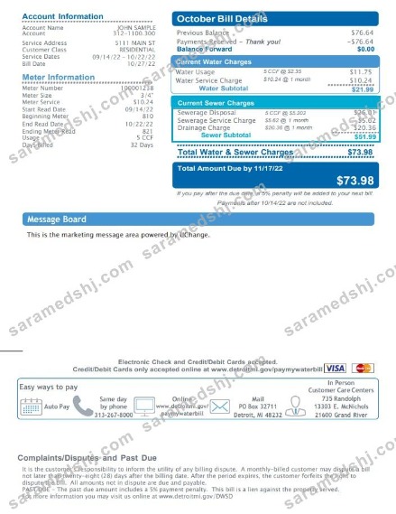 USA Michigan Water and Sewerage Department utility bill, Word and PDF template, 2 pages 2